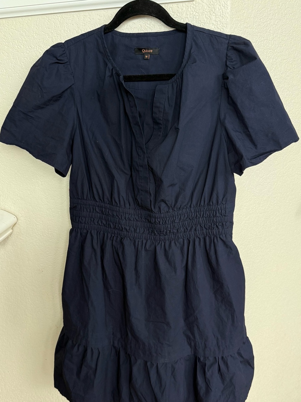 Quince Navy Short-Sleeve Smocked-Waist Mini Dress